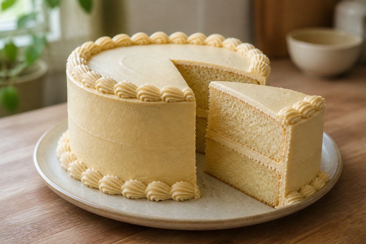 Two-layer celebration cake with a slice pulled forward on the plate