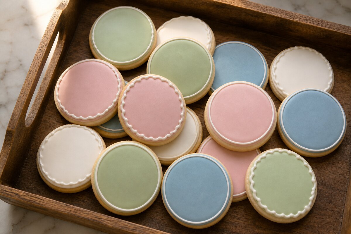 Wooden tray of hand-iced cutout cookies in a repeated shape