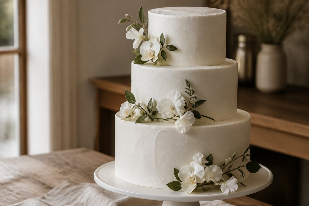 Three-tier buttercream wedding cake on a plain stand